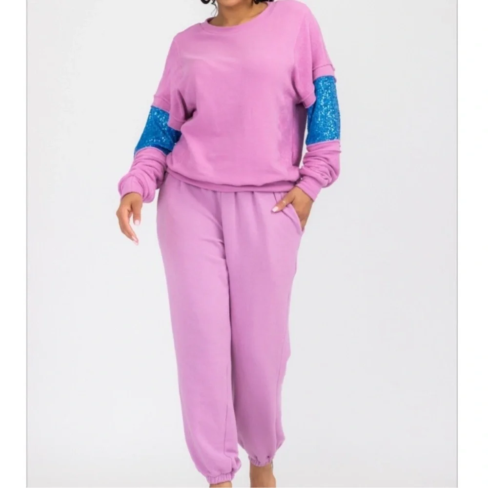 SEQUIN COTTON SPANDEX KNIT JOGGER PANT SET - Picture 2 of 7